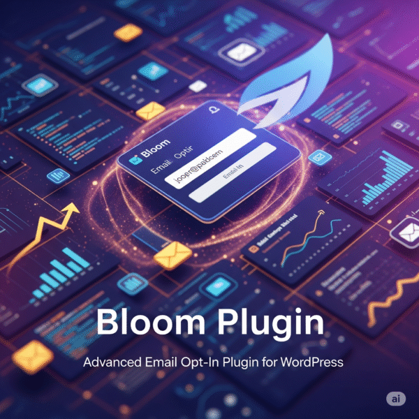 A professional product image for the Bloom Plugin, with a focus on an elegant email opt-in form