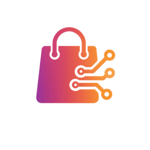 Colorful gradient shopping bag icon with circuit lines extending from the right side, symbolizing digital technology and e-commerce, displayed in vibrant shades of magenta, orange, and gold on a transparent background