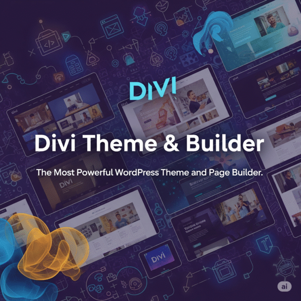 A professional product image for the Divi Theme and Builder, showcasing various website layouts.