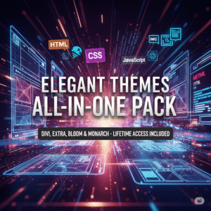 A colorful and vibrant digital collage of a website interface with the title "Elegant Themes All-in-One Pack"