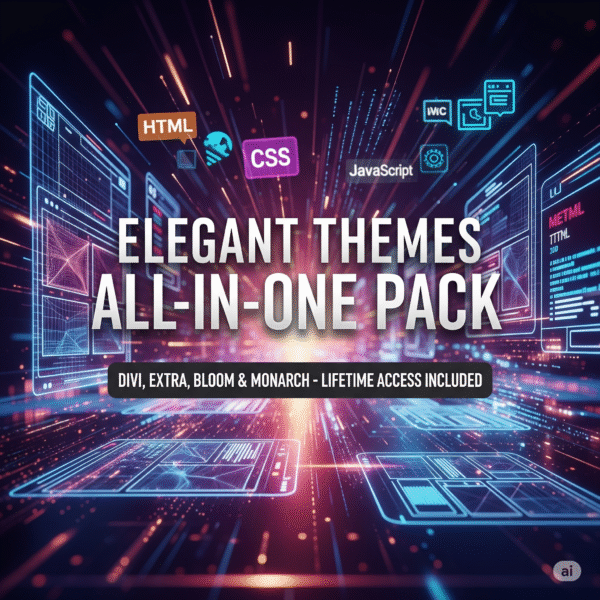 A colorful and vibrant digital collage of a website interface with the title "Elegant Themes All-in-One Pack"