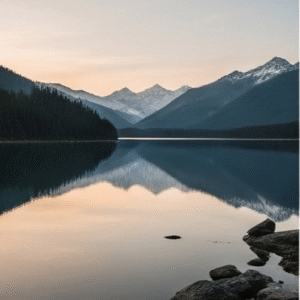 A tranquil image of a lake reflecting snowy mountains and a forest at sunset, symbolizing nature and travel content for AI-generated viral reels.
