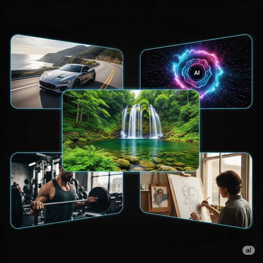  A dynamic GIF or a static image with 4-6 different video frames displayed in a grid, each showing a different niche (e.g., a nature scene, a car, an AI-generated art piece, a gym workout clip).