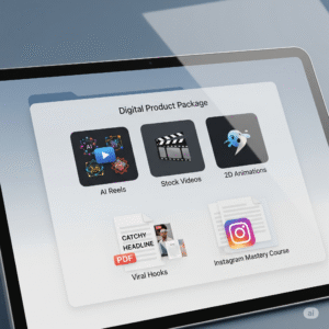 An image of a laptop or tablet screen with a folder open, showing icons for "AI Reels," "Stock Videos," "2D Animations," and PDF icons for "Viral Hooks" and "Instagram Mastery Course."