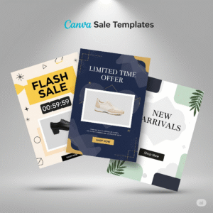 Examples of Canva sale promotion templates, including designs for 'flash sale', 'limited time offer', and 'new arrivals'.