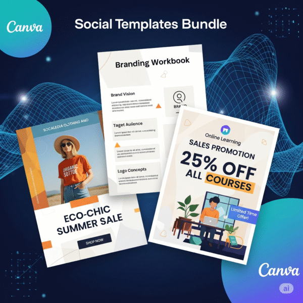 A collage of Canva templates for marketing, including a social media ad, a branding workbook, and a sales promotion graphic.