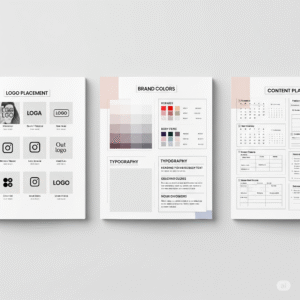 A flat lay of pages from a Canva branding workbook, showing sections for brand colors, typography, and logo placement.