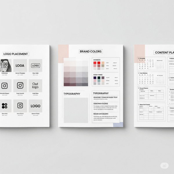 A flat lay of pages from a Canva branding workbook, showing sections for brand colors, typography, and logo placement.