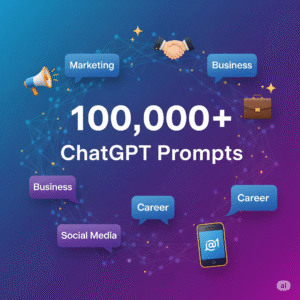 A professional and colorful image for the "100,000+ ChatGPT Prompts" bundle, with icons for marketing, business, and career.