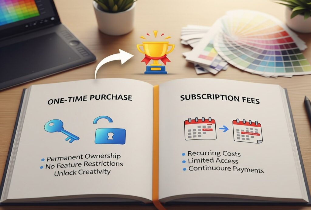 A book comparing a one-time purchase to subscription fees for design templates.