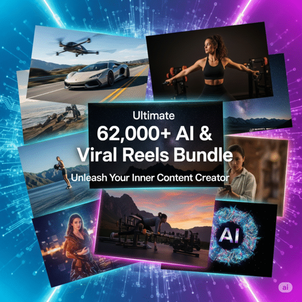 Main promotional image for the 62,000+ AI & Viral Reels Bundle showcasing multiple content categories