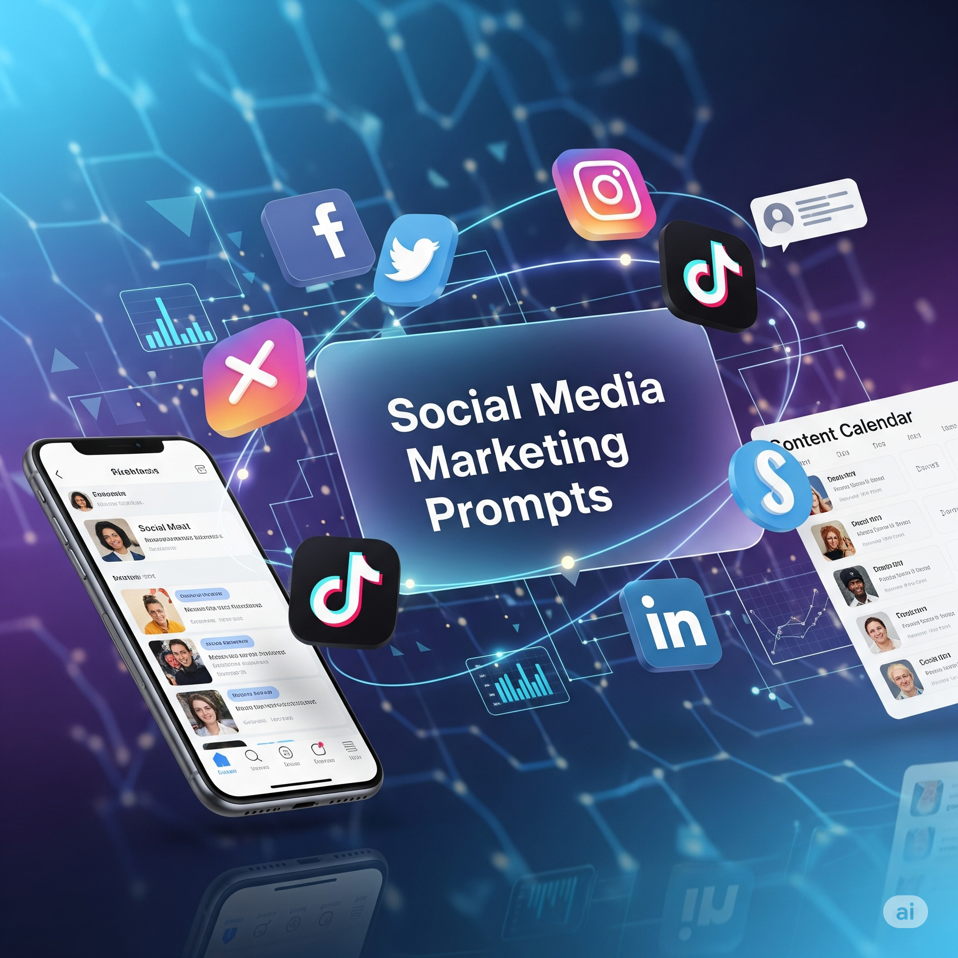 A dynamic gallery image for the 'Social Media Marketing Prompts' with icons for Facebook, Instagram, TikTok, Twitter, and LinkedIn.