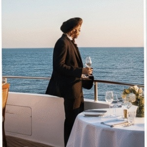 An elegant man in a tuxedo standing on a luxury yacht overlooking the ocean, representing high-end and luxury lifestyle content creators using AI-generated reels.