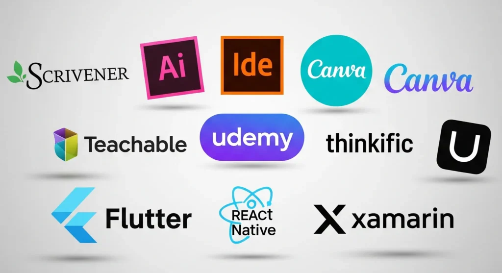 logos of essential tools for digital creators including Scrivener, Adobe Illustrator, Adobe InDesign, Canva, Teachable, Udemy, Thinkific, Flutter, React Native, and Xamarin.