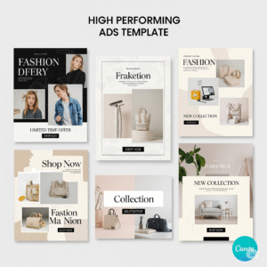 A grid of various professional ad template examples for Canva, showing different layouts and styles.