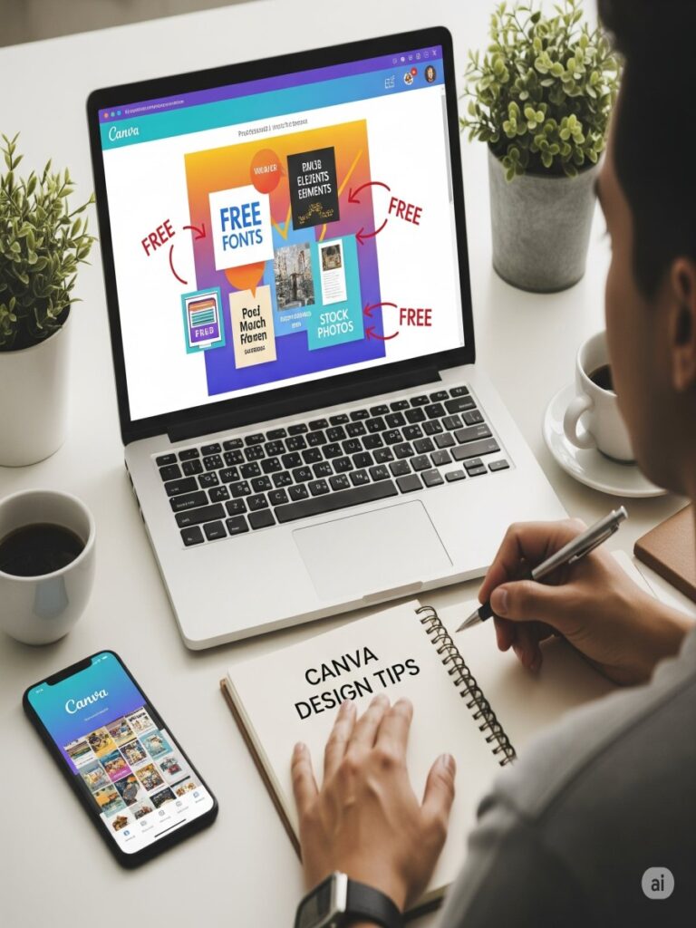 A person working on a laptop with a Canva interface, highlighting free design elements, fonts, and stock photos.