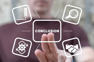 A man's fingers point to a transparent screen with a central box labeled "CONCLUSION" and four surrounding icons.