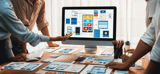 Team collaborating on user interface designs, with a computer displaying various wireframes and layouts on a wooden table.