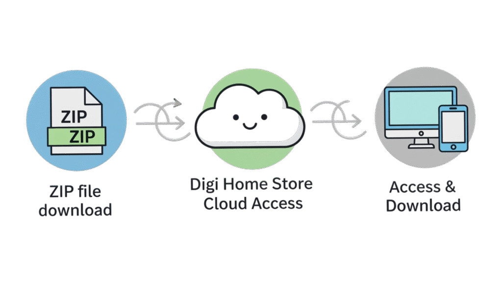A visual representation of the download process: an icon for a "ZIP file download," followed by a "plus" sign and a "Cloud" icon with the Digi Home Store logo, and an icon for a computer or phone with the text "Access & Download at Your Convenience."