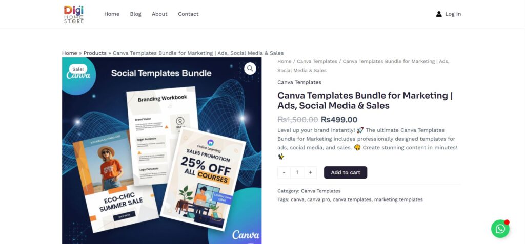 A screenshot of Digi home store website showing thier canva templates product and its price and title and short description and featured image whithin
