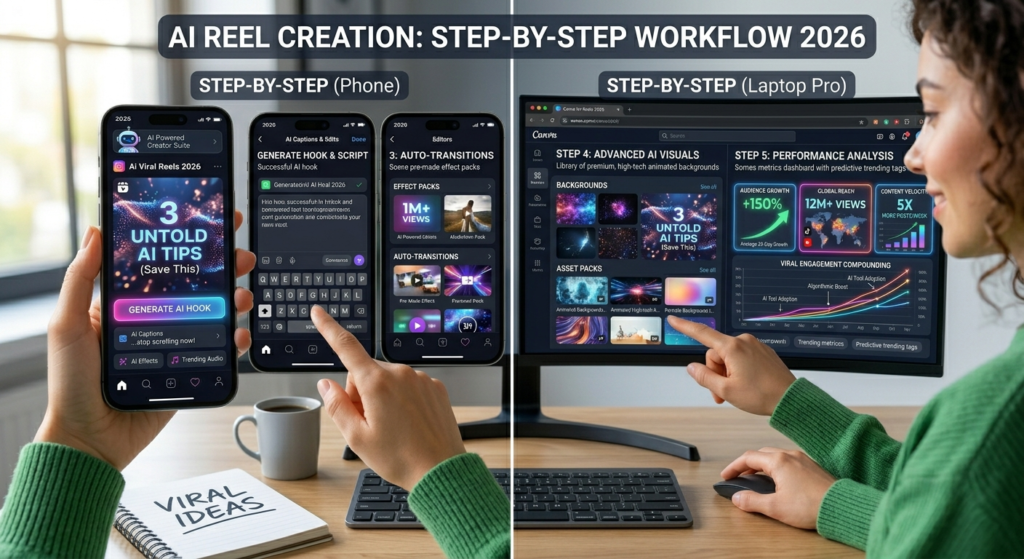 step by step ai reel creation process on laptop and phone